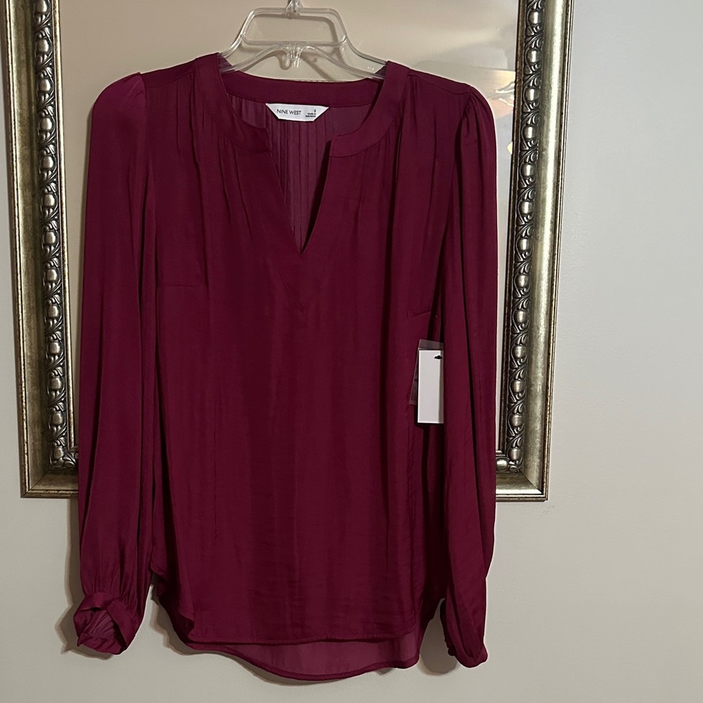 NWT Nine West Women’s Burgundy Maroon Elegant Boho Tunic Long Sleeve Blouse S